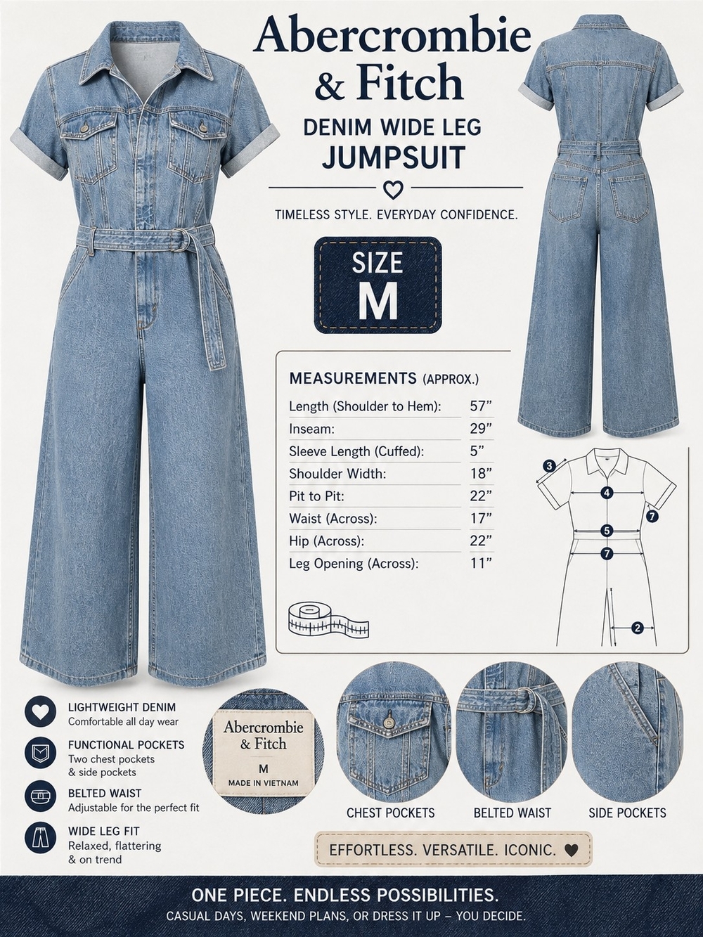 Abercrombie & Fitch Light Wash Denim Wide Leg Jumpsuit - Blue